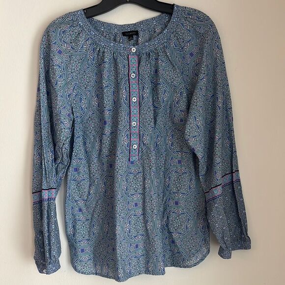 Talbots’s Women Blue pink Bohemian Patterned button down  Top blouse medium EUC - Picture 1 of 10